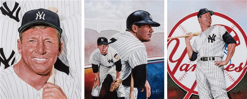 Lot of (3) Mickey Mantle Original 16x20 Stretch Canvas Artwork by Leon Wolf